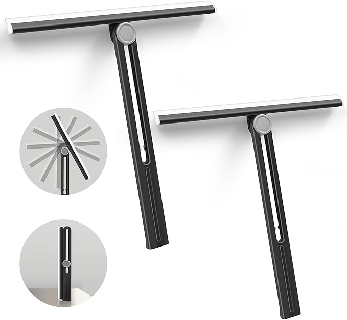 NEWE Shower Squeegee 2 Packs for Glass Doors, All-Purpose 360° Rotating Black Silicone Scraper Cleaner Tool for Tile, Walls, Mirror, Car Window, Countertop, Bathroom, 11 Inches