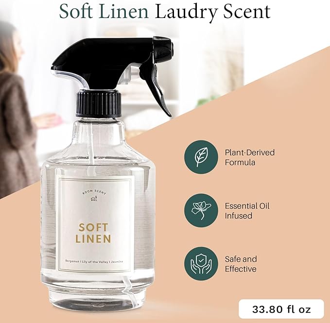 Chakra Freshener Fabric Spray - Long-Lasting Multi-Purpose Laundry Scent for Bedding, Clothes & Home Fabric Deodorizer, Luxury Room Deodorizer, Linen Spray w/Trigger, 33.8 fl oz, Soft Linen