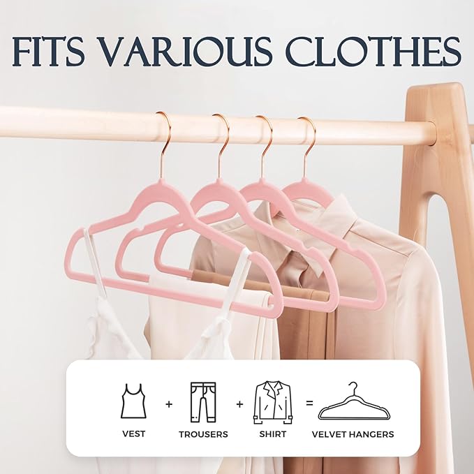 HOUSE DAY Pink Velvet Hangers 360 Pack, Premium Non-Slip Felt Clothes, Sturdy Heavy Duty Coat, Durable Hangers for Suits, Space Saving with No Hanger Mark, 360° Swivel Rotating Rose Gold Hook