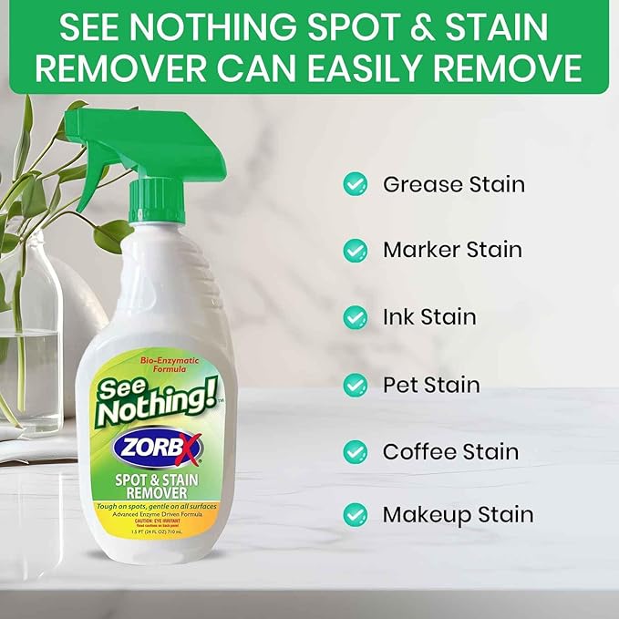 ZORBX See Nothing Spot & Stain Remover Spray (24 oz.) - All Purpose Cleaner for Shoes, Clothes, Furniture & Pet bedding - Fast-Acting Scrub-Free Odor & Enzyme Stain Remover for Ink, Blood & Urine