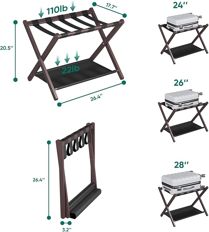Smuxee Brown Bamboo Luggage Rack for Guest Room, Foldable Suitcase Stand with Storage Shelf, Easily Assembled Luggage Stand with 5 Nylon Straps for Guest Room Bedroom Hotel