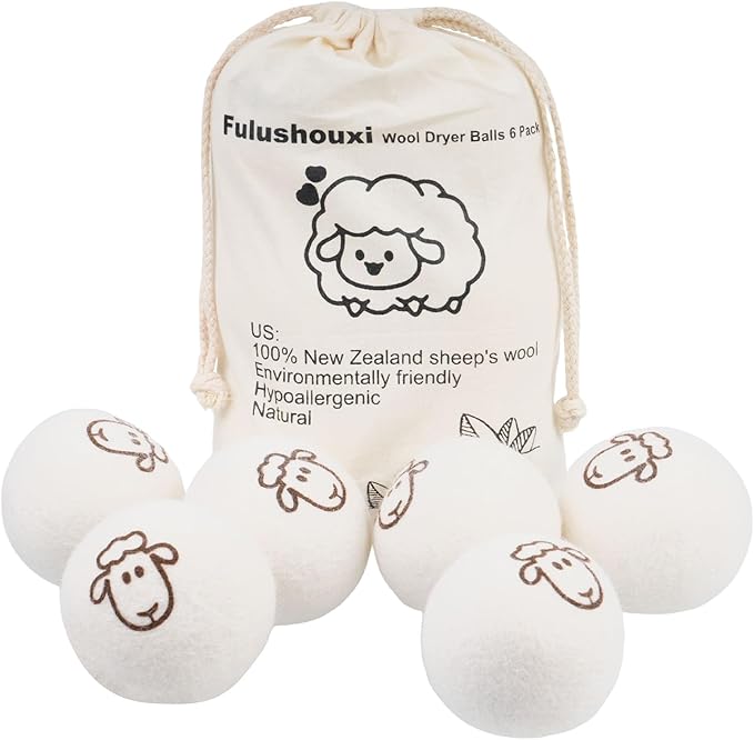 6 Pcs Wool Dryer Balls, Reusable New Zealand Natural Fabric Softener & Static Reducer Wool Laundry Balls for Dryer to Reduce Wrinkles & Shorten Drying Time, for Pet Hair & Laundry, with Storage Bag