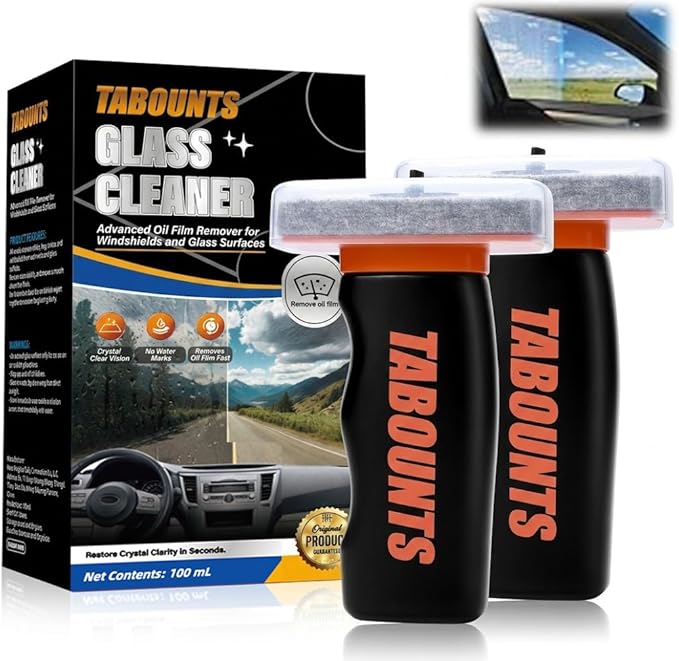 2 PACK Glass Oil Film Remover for Car, Glass Emulsion Cleaner,Automotive Oil Film Cleaning Brush, Windshield & Window Cleaner,Removes OilFilm & smudges, Enhances clarity for Safer Driving