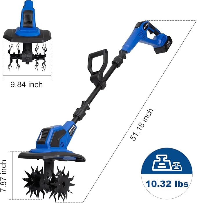 BILT HARD 20V Cordless Tiller Cultivator, 8.7'' Working Width Battery Powered Garden Cultivator, 300RPM Electric Tiller for Lawn, Gardening, Soil Cultivation (4.0AH Battery and Charger Included)