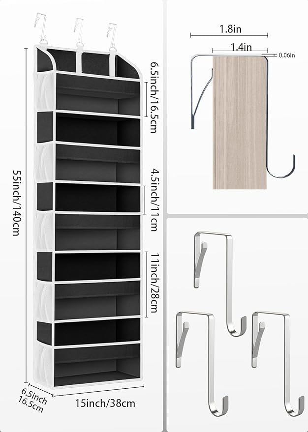 TAHAVICE 2 Pack Over The Door Storage Organizer with 5 Pockets 10 Mesh Side Pockets, 44 lbs Weight Capacity Door Hanging Organizers and Storage for Bedroom,Bathroom,Nursery,Pantry,Dorm(Black)