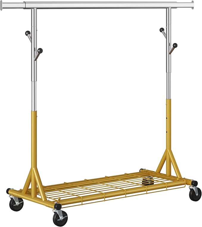 Gewudraw Rolling Clothes Rack Load 530lbs,Heavy Duty Garment Rack With Sturdy Wheel And Shelves, Adjustable Portable Hanging Rack For Clothes, Gold