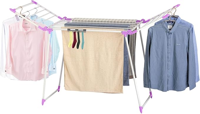Clothes Drying Rack, Gullwing Laundry Rack, Collapsible, Space-Saving Laundry Rack, with Bonus Sock Clips, for Clothes, Towels, Linens, Indoor/Outdoor, Purple