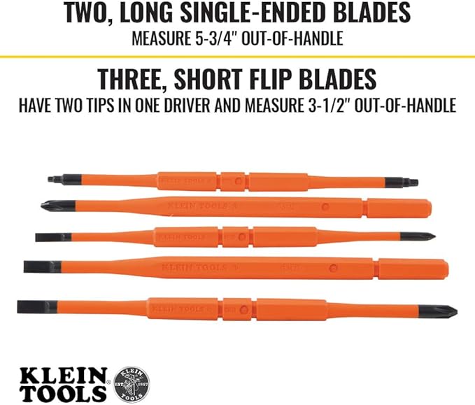 Klein Tools 32288 Insulated Screwdriver, 8-in-1 Screwdriver Set with Interchangeable Blades, 3 Phillips, 3 Slotted and 2 Square Tips