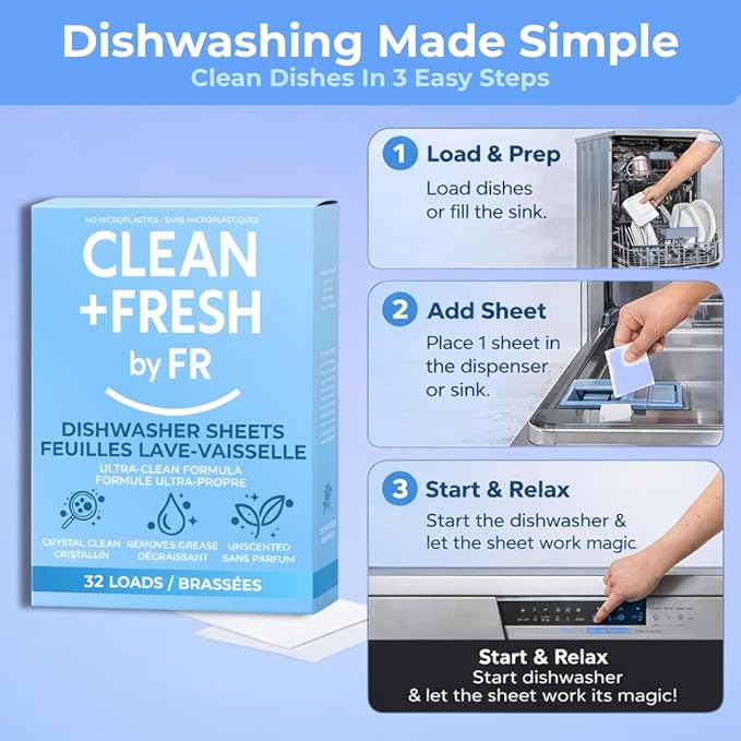 Clean And Fresh Dishwasher Detergent Sheets – 32 Loads – Plastic-Free Dishwasher Soap – Ultra-Concentrated, Quick-Dissolve, Unscented – Powerful Grease Cleaning – HE & Septic Safe, Zero Residue