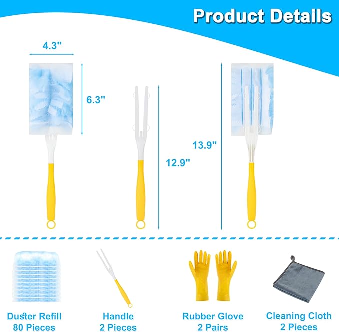Duster Refill for Cleaning with 2 Handles, Heavy Duty Disposable Duster Kit Unscented Replacement Head Dust Removal Brush for Electronics, Furniture, Blinds, Ceiling Fans, Walls (80pack)