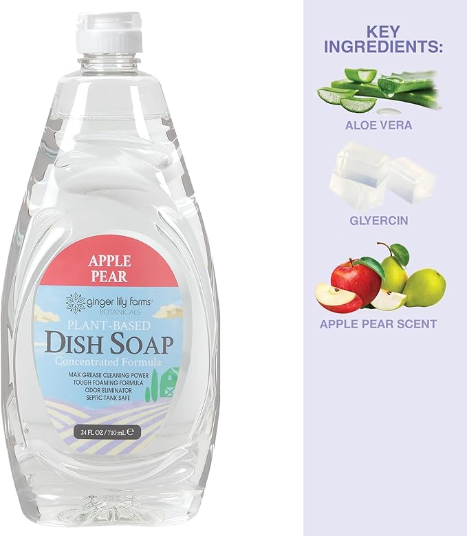 Ginger Lily Farms Botanicals Plant-Based Liquid Dish Soap, Concentrated Formula with Max Grease Cleaning Power, Cruelty-Free, Apple Pear Scent, 24 Fl Oz (Pack of 8)