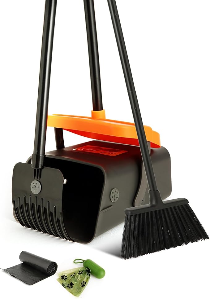 Eyliden Pooper Scooper Broom Set, Include - Dustpan with Lid, Rake, Broom, 35 Waste Bags, 46" Adjustable Long Handle - Yard Lawn Garden Dog Pooper Scooper Leaf Rake, Dust Pan and Broom Combo