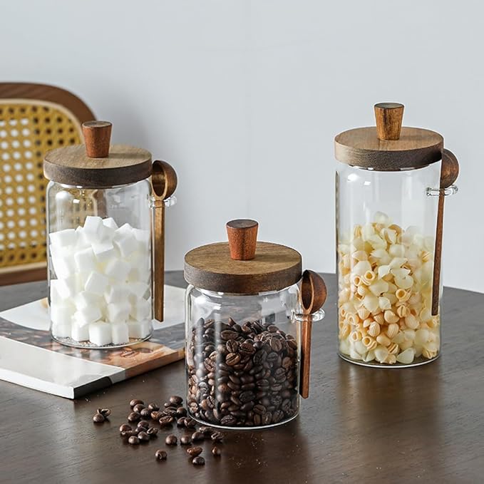 ANSQU 34oz Glass Jar with Wooden Lid & Spoon, Food Storage Containers Coffee Jar Coffee Grounds Container, Food Storage Canister, Kitchen Pantry Storage Container