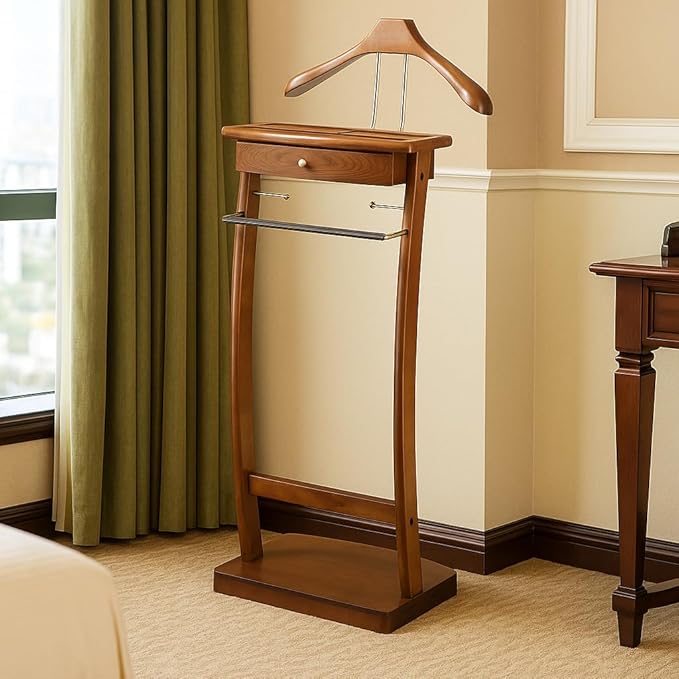 Proman Products Kingsman Suit Valet Stand VL37074 with Drawer, Top Tray, Contour Hanger, Trouser Bar, Tie & Belt Hooks and Shoe Rack, 15.5" W x 12" D x 44.5" H, Walnut