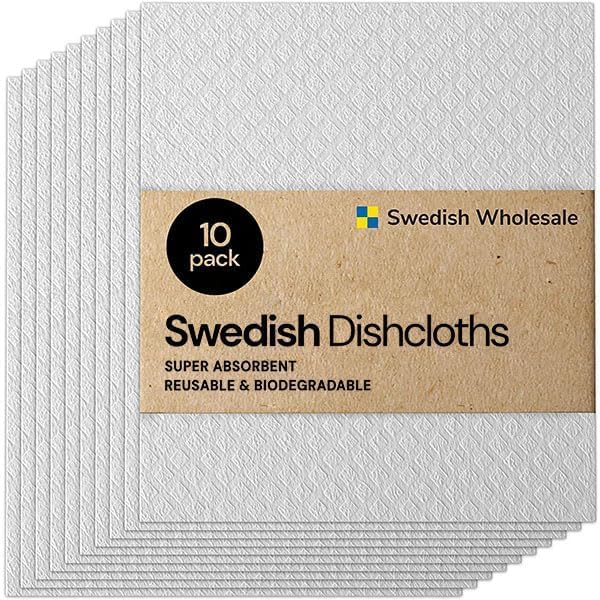 Swedish Wholesale Dishcloths Reusable 8" x 7" Sponge Cloths, Bulk 10 Pack of High Absorbent Cellulose Dish & Kitchen Cleaning Hand Towels, Wring to Dry & Machine Wash, Odor Resistant, White