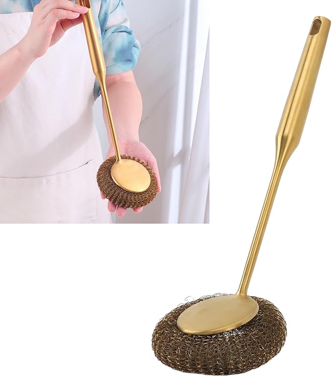 Stainless Steel Wool Scrubber with Long Handle, Handheld Scrubbing Cleaner Brush Scrubbing Scouring Pad Cleansing Supplies for Pots Pans Grills (Gold)