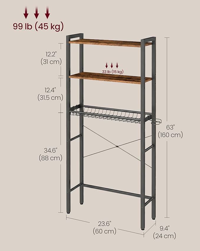 VASAGLE Over the Toilet Storage, Over Toilet Bathroom Organizer with Adjustable Shelves and Basket, 3 Hooks, Space Saving, 9.4 x 23.6 x 63 Inches, Rustic Brown UBTS113KD01S