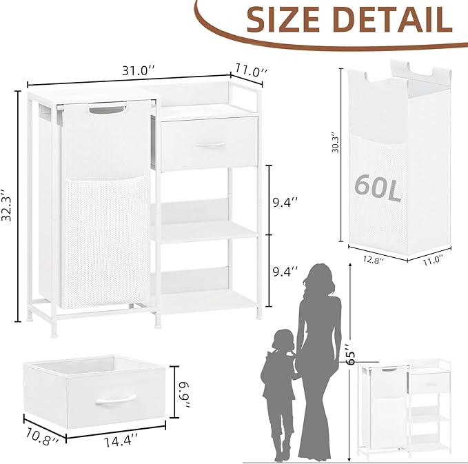 Somdot Laundry Hamper with Fabric Drawer and Shelves, Laundry Basket Sorter with 15.8 Gallons (60L) Pull-Out and Removable Bag, White Leather