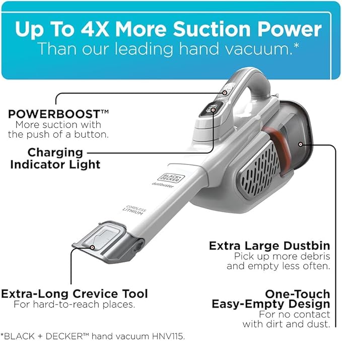 BLACK+DECKER Dust Buster Hand Held Vacuum Cordless Rechargeable, Portable Vacuum for Car, Extended Runtime, Powerful Suction, Extra Long Crevice Tool, AdvancedClean+ (HHVK320J10)