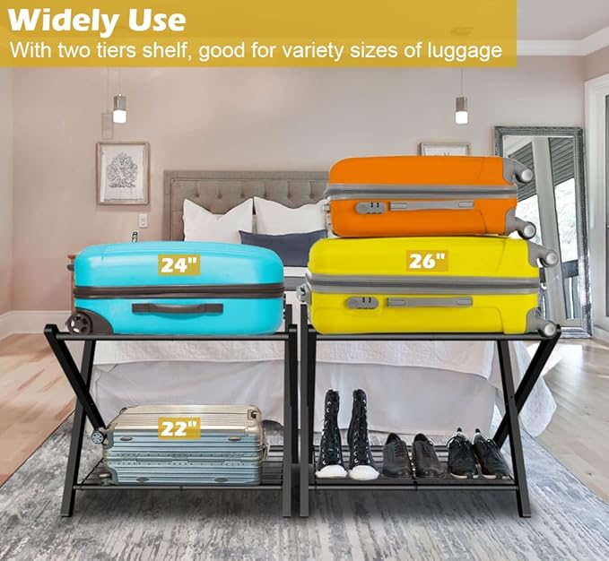 mocomax 2 Pack Folding Luggage Rack for Guest Room, Foldable Suitcase Stand Holder with Metal Storage Shelf for Bedroom, Living Room, Hotel Essentials, Heavy Duty Steel Frame, Black