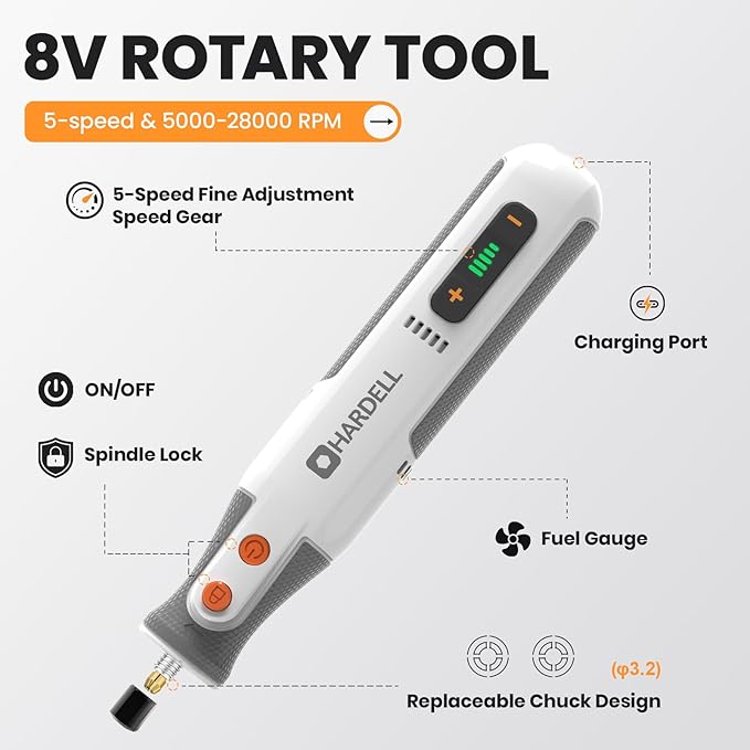 HARDELL 8V Cordless Rotary Tool Kit, 5 Variable Speed, 42 Accessories, 28000RPM, Power Tool for Sanding, Polishing, Engraving, Grinding, Drilling, DIY Crafts