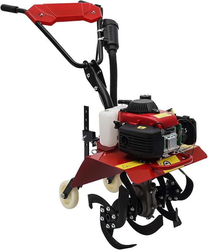 Mini Tiller Cultivator 63CC 4-Stroke Gas Powered Hand Rotary Cultivator Rototiller Walk Behind Garden Farmyard Tiller Cultivator,Adjustable Tilling Depth Front Tine Tiller for Loosening Soil,Weeding
