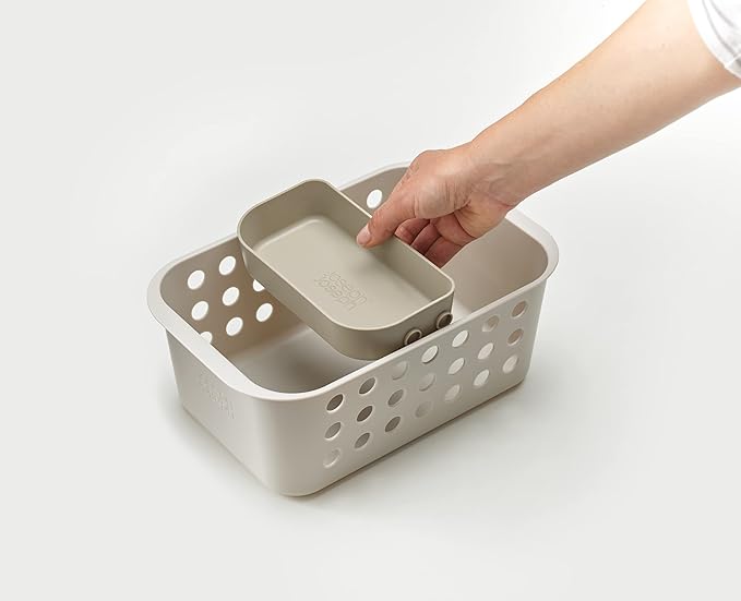 Joseph Joseph EasyStore - Bathroom essentials Storage Basket Organiser with Moveable tray, Ecru, Small (Pack of 2)
