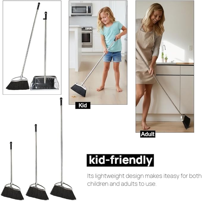 Indoor Broom and Dustpan Comb Set,Heavy Duty Stainless Steel Metal Dust Pan with Long Handle Sweeping Soft Bristles Broom for Floor Home Lobby Office