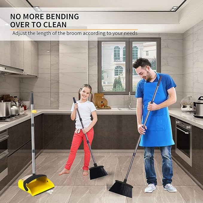 2-Pack is More economical,Brooms with Dustpan Combo Set， with 52" Long Handle, Dustpan Teeth with self-Cleaning Function, Indoor and Outdoor Sweeping, Perfect for Home Office(Large/Yellow /2-Pack).