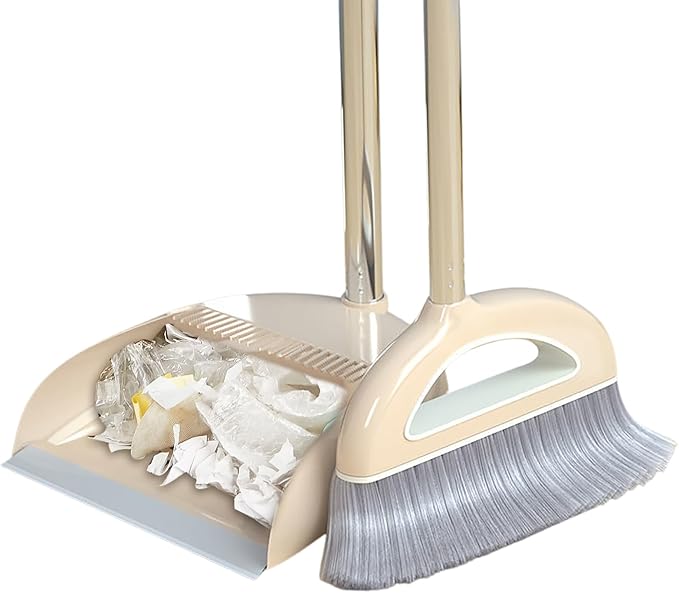 Broom and Dustpan Set with Long Handle - Dust Broom and Dustpan Combo, Lightweight Robust Kitchen Brooms Dustpans, Ergonomic Duster Tool Cleaning Gadgets, for Home, Kitchen, Offices, Pet Hair, White
