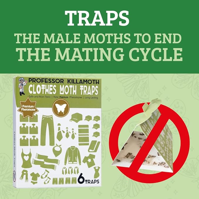 Professor Killamoth Triple Strength Clothes Moth Traps – Safe, Non-Toxic Closet Moth Prevention for Clothes & Wool – Pheromone Traps for House & Wardrobe Protection – 6 Pack