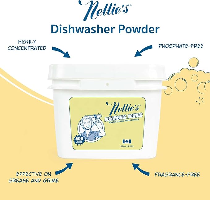 Nellie's Dishwasher Powder – 500 Scoop Bulk Bucket – Plant-Based Formula – Phosphate-Free, Septic-Safe, Tough on Food Residue – Sparkling, Streak-Free Clean – Made in Canada