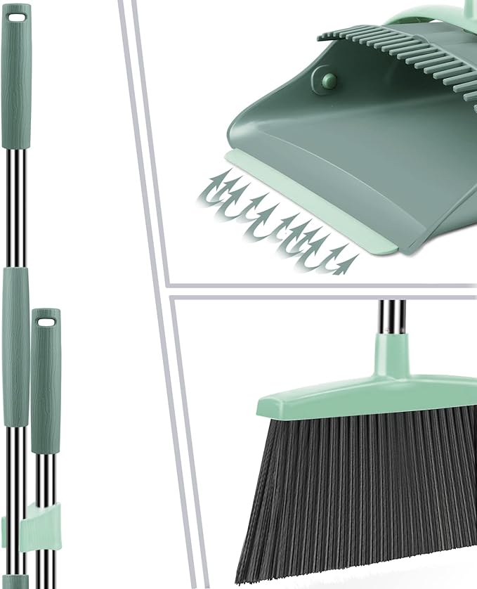 Ivandar Broom and Dustpan Set for Home, Dust pan with Long Handle, Broom with Dustpan Combo Set, for Home Kitchen Room Office Lobby Floor Use Upright Stand Up Sweeping (Gray&Green)