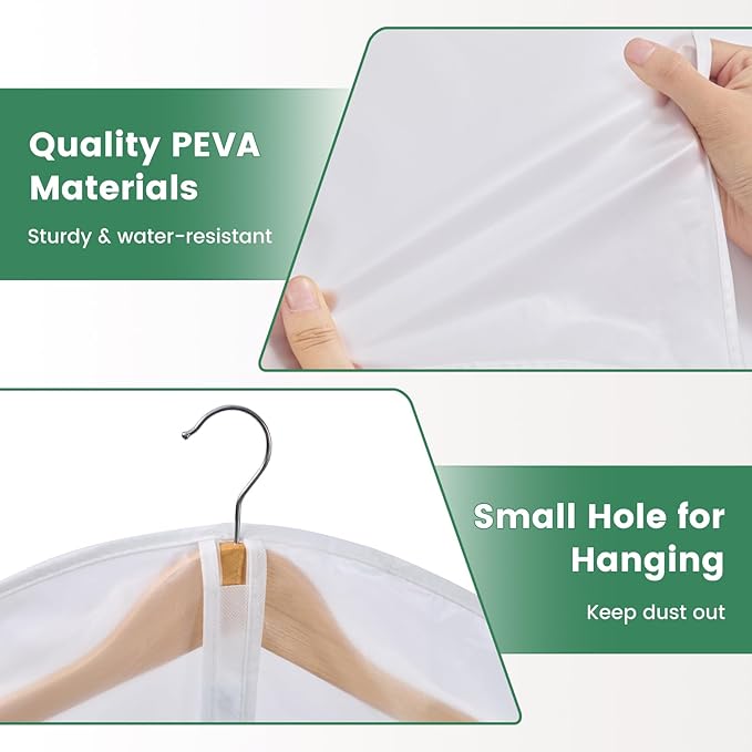 Carbrea Translucent Garment Bags for Hanging Clothes - Frosted Clothes Storage Bags for Suits, Dresses, Closet Storage - 6 Pack