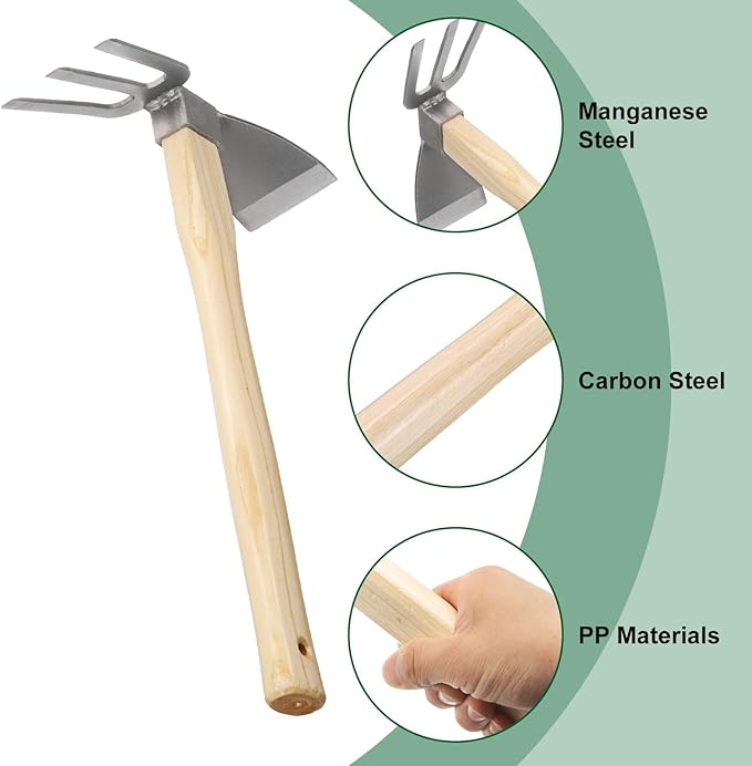 HARFINGTON Garden Hoe and Cultivator 15" Steel Hoe Garden Tool Anti-Rust with Non-Slip Wooden Handle Lightweight Hand Tiller for Backyard Loosening Farm Planting Weeding