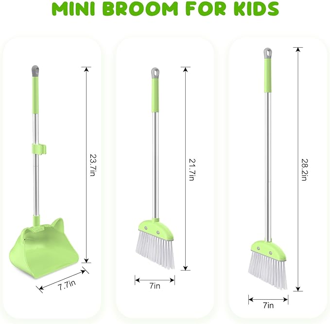 Mini Broom with Dustpan for Kids, 28-in Handle Kids Broom and Dustpan Set for Toddlers Cat-Shaped Children Broom and Cleaning Set Boys Girls Small Housekeeping Helper Set, Green