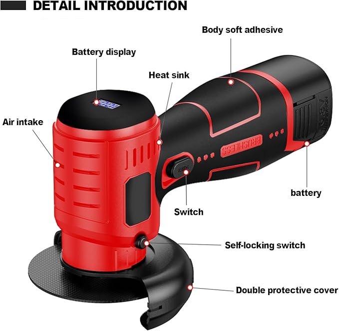 Brushless Cordless Angle Grinder Kit, 19500rpm Mini Electric Angle Grinding Tool with 2x16.8V 2000mAh Battery and 6-Cutting Discs, Grinder Handheld Cutter for Metal Wood