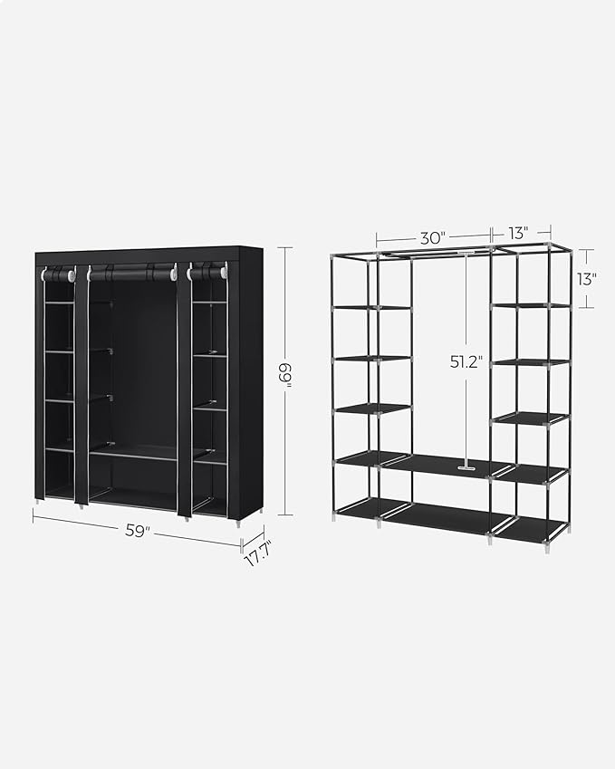 SONGMICS Closet Wardrobe, Portable Closet for Bedroom, Clothes Rail with Non-Woven Fabric Cover, Clothes Storage Organizer, 59 x 17.7 x 69 Inches, 12 Compartments, Black ULSF03H