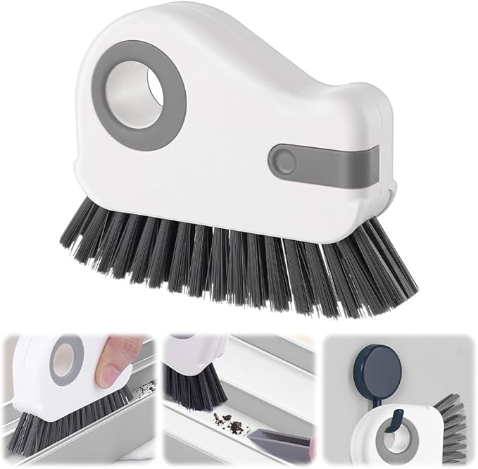 2 in 1 Groove Cleaning Brush, Window Track Cleaning Tools, Multifunction Window Track Cleaner with Hard Bristle and Hidden Scraper, Crevice Brush for Sliding Door Track, Window Seal, Sill (Gray)