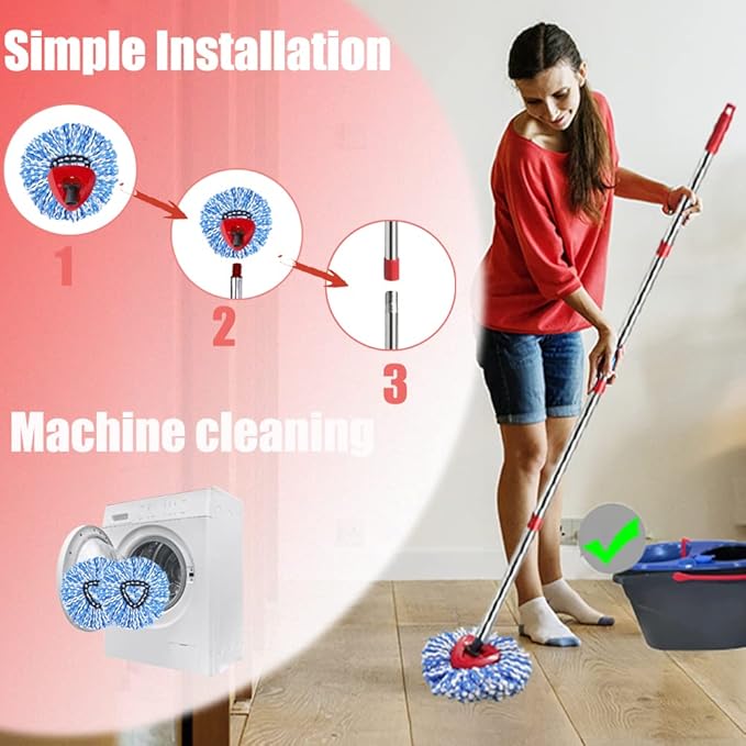 Spin Mop Head, Base, Handle Replacement for O-ceda EasyWring RinseClean Microfiber Spin Mops, 2 Microfiber Mop Refills, 1 Triangle Head Cover and 30-58in Handle (Blue (2-Tank System))