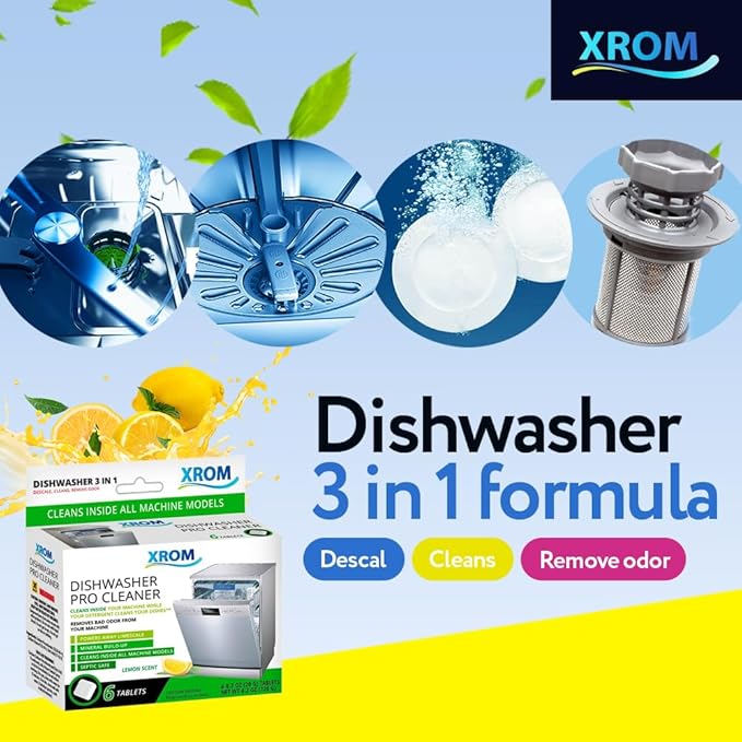 XROM Dishwasher Cleaner Tablets, Plant Based, Deep Clean And Descale, Removes Odors, Removes Hard Water Stains, Powerful Descaling, 6 Treatments (Lemon Scent)