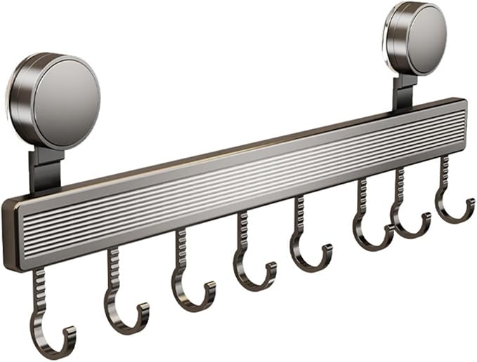 Kitchen Utensil Hooks with Suction Cup, Removable, Aluminum, 40 cm, 8 Hooks, No-Drill, Waterproof, 20 kg Capacity