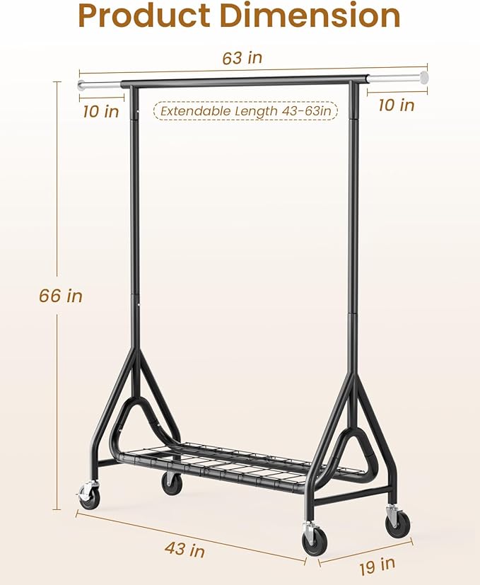 Heavy Duty Clothes Rack, Metal Clothing Rack Load 450 LBS, Rolling Coat Racks for Hanging Clothes with Lockable Wheels, Wardrobe Closet Garment Racks for Bedroom, Black