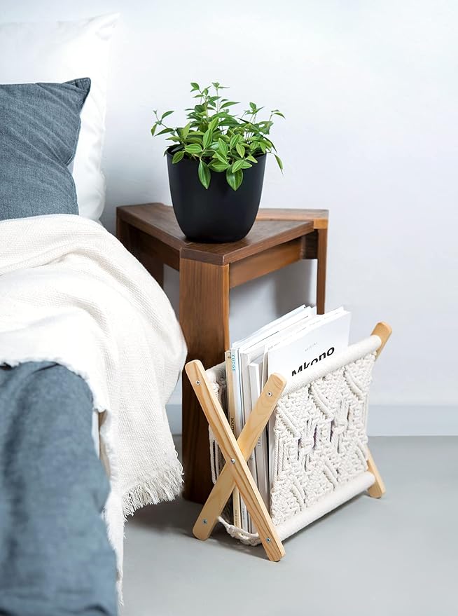 Mkono Macrame Magazine Rack Boho Storage Holder Standing Basket for Books, Newspapers, Swaddle Blanket, Dorm Essentials, Living Room, Bathroom, Office, Nursery, Home Decor, Small Size, 11.2”L x 7.5”W