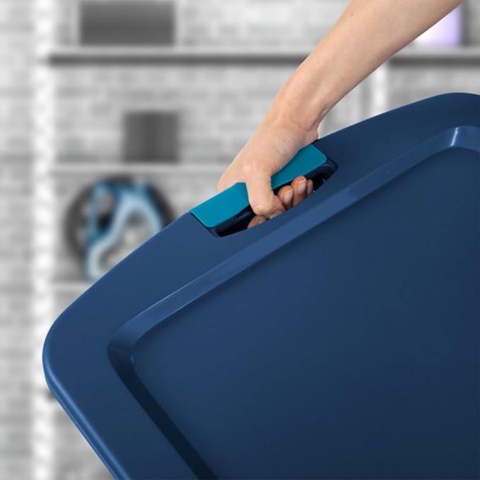 Sterilite 18 Gal Latch and Carry, Stackable Storage Bin with Latching Lid, Plastic Container to Organize Closets, Clear with Blue Lid, 6-Pack