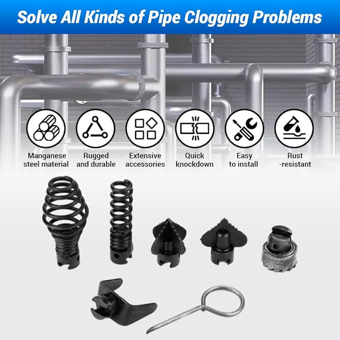 7Pcs Drain Cleaner Combination Cutter Head Set, 16mm Manganese Steel Blades For Pipeline Dredging Cleaning Machine, 6 Cutter Heads 1 Key
