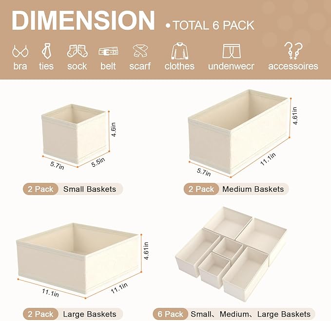 Dorisun Drawer Organizer Clothes - Dresser Organizer for Baby Clothes, Underwear, Sock - Nursery Organization - Foldable Closet Organizatio Dividers for Bra, Belt, Tie (Beige, 6 Pack)