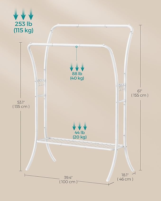 SONGMICS Clothes Rack,Clothing Rack with Shelves,Garment Racks Heavy Duty,Double Rod Clothes Rack with 6 Hooks, Clothes Storage and Display,for Living Room,Bedroom, Cloud White UHSR109W01