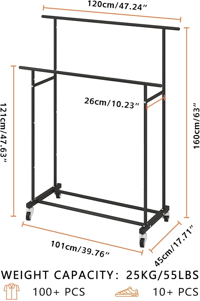 Calmootey Double Rod Clothing Garment Rack,Rolling Hanging Clothes Rack,Portable Clothes Organizer for Bedroom,Living Room,Clothing Store,Black