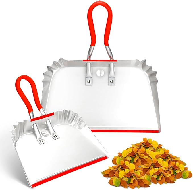 2 Pack Metal Dust Pan 17" and 12", Aluminum Heavy Duty Dust Pans with Non-Slip Rubber Handle, Large and Small Dustpan Set, Lightweight for Sweeping, Garage, Leaf, Household & Outdoor Cleaning